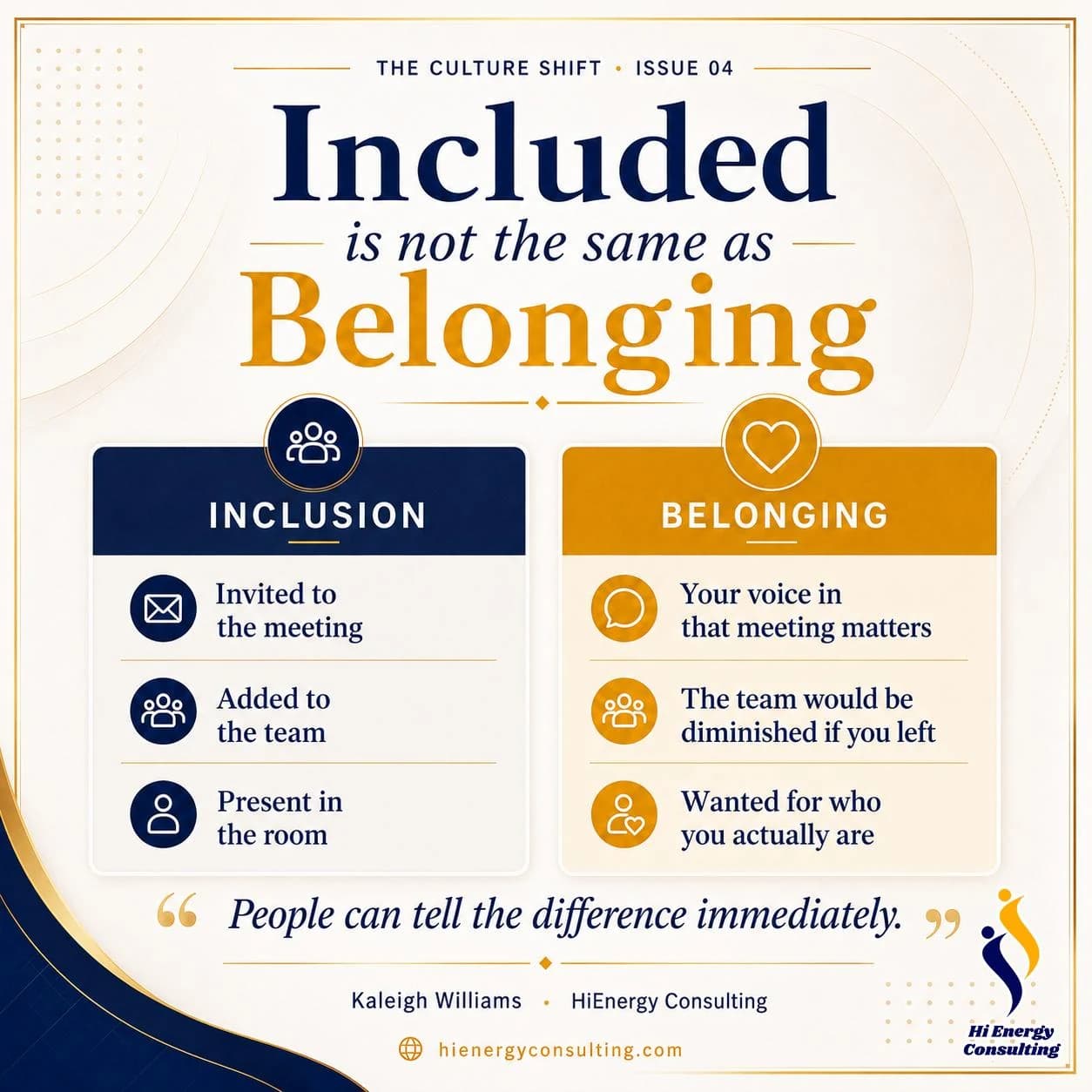 Inclusion invites someone into the meeting; belonging means their voice matters, their presence is valued, and they are known.